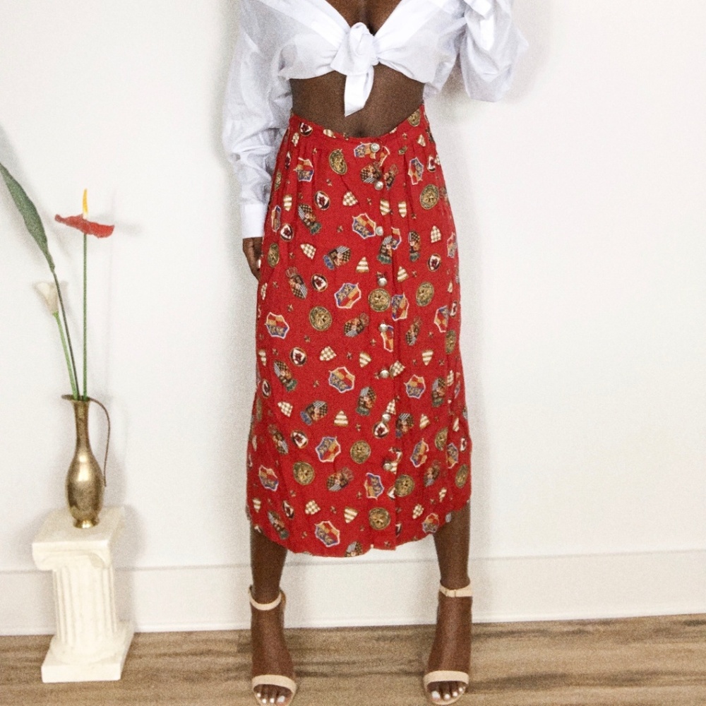 Vintage Red Button Down Fleur de Lis Crest Skirt - Picture 2 of 6